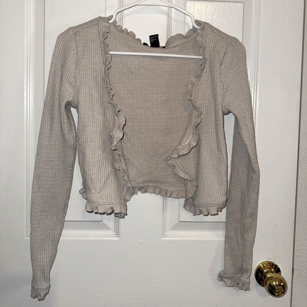 Forever 21 Ribbed Ruffle Trim Cardigan Top – Beige – Size Small